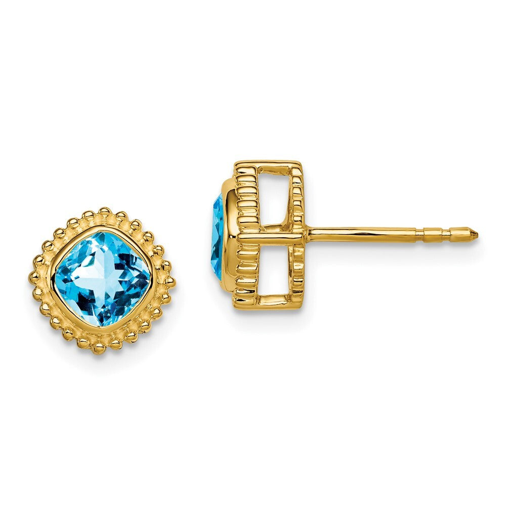 14k Yellow Gold Cushion Blue Topaz Stud Earrings
