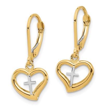 14K Two-tone Polished Cross in Heart Drop Dangle Dangle Earrings