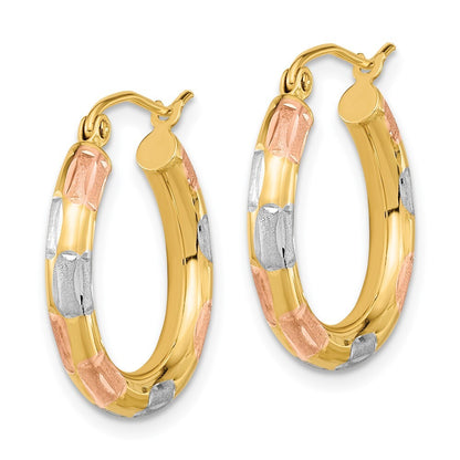 14k Yellow Gold White and Rose Rhodium Polished Satin Diamond-cut Hoop Earrings
