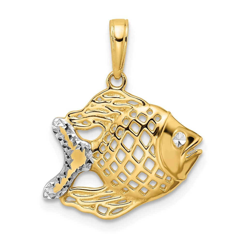 14k Yellow Gold and White Rhodium Diamond-Cut Fish Pendant for Women