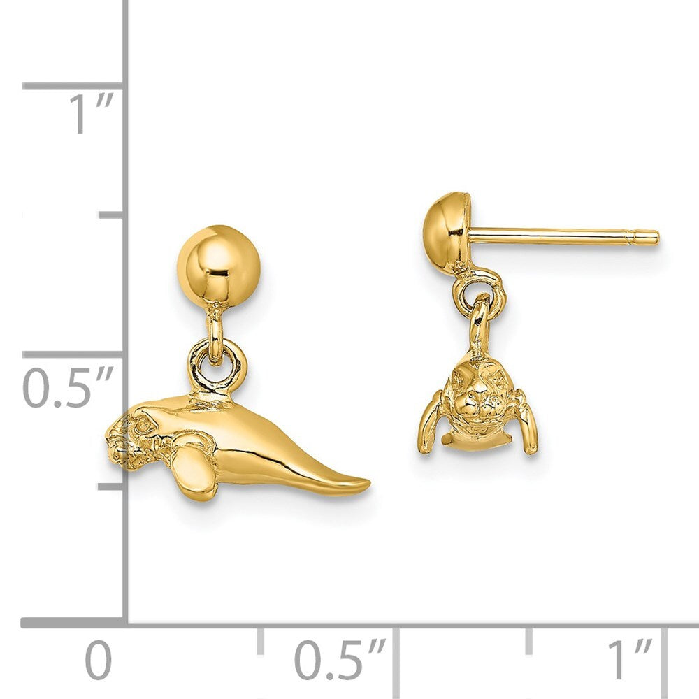 14k Yellow Gold 3-D Polished Mini Manatee Dangle Earrings Gift for Women