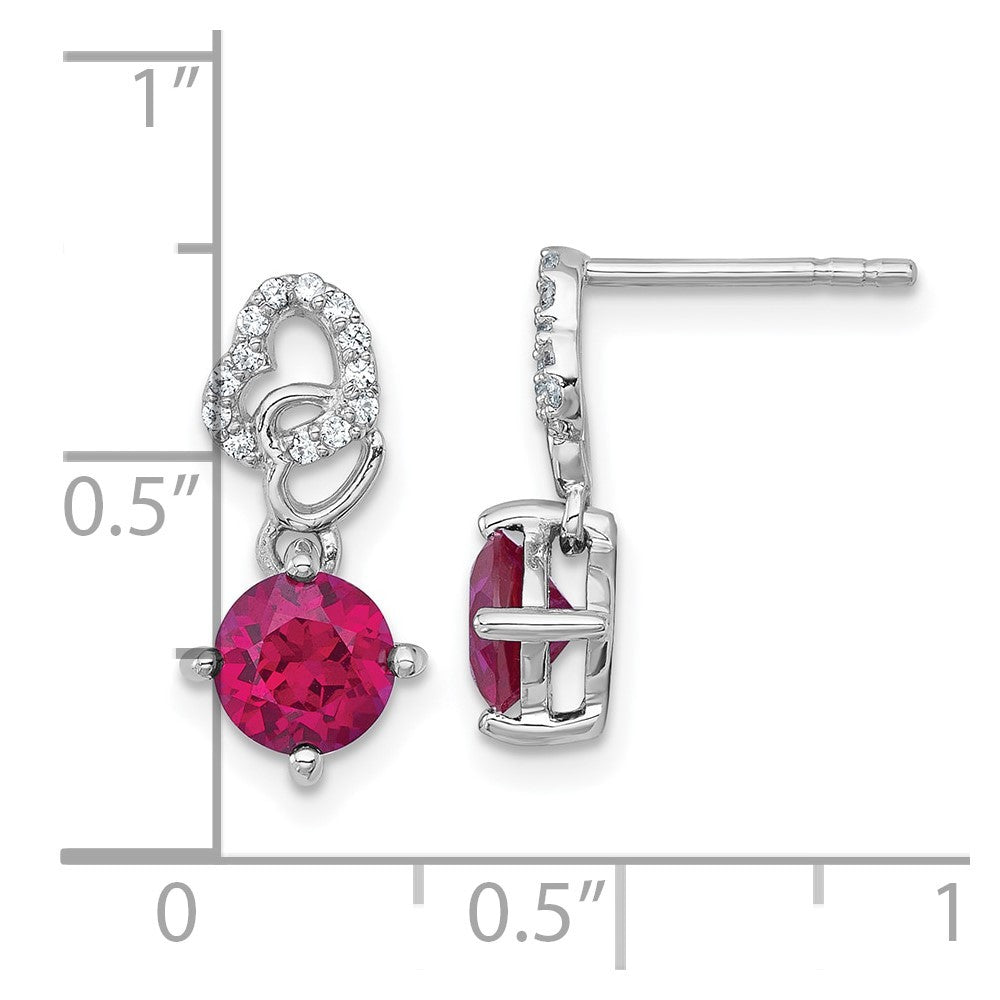 Sterling Silver Polished Round Lab Created Ruby and CZ Heart Dangle Earrings