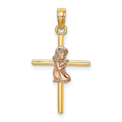 14k Two-tone Gold 2-D Girl On Cross Charm Pendant for Women