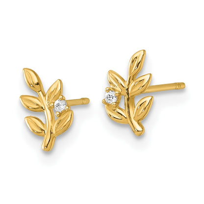 14k Yellow Gold Polished Cubic Zirconia Leaf Stud Earrings Gift for Women