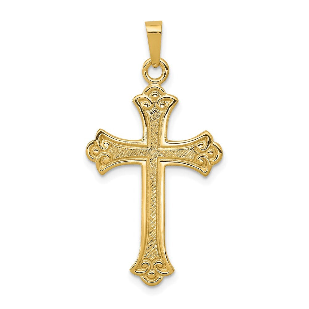 14k Yellow Gold Textured and Polished Fleur de lis Cross Pendant for Women