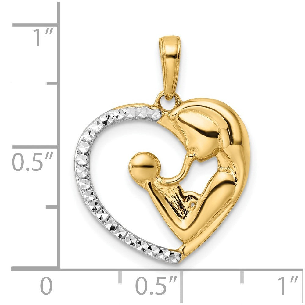 14k Yellow Gold and White Rhodium Diamond-cut Mother and Baby Heart Pendant