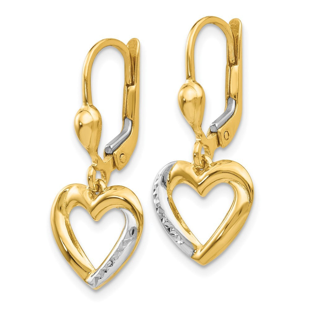 14k Yellow Gold and Rhodium Textured and Polished Heart Leverback Earring
