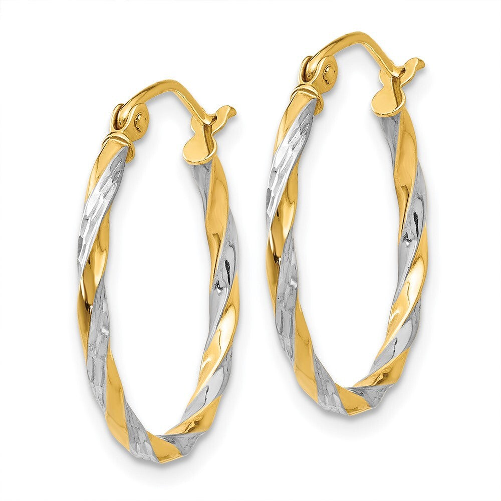 14k Yellow Gold & Rhodium Hollow Twisted Hoop Earrings Gift for Women