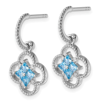 Sterling Silver Blue CZ Textured Removeable Clover J-Hoop Dangle Earrings