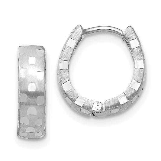14K White Gold Diamond Cut 4mm Patterned Hinged Hoop Earrings Gift for Women