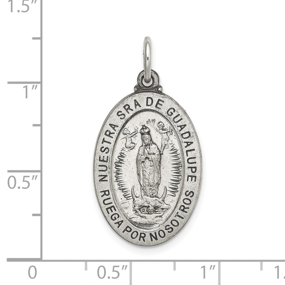 Sterling Silver Satin Antiqued Spanish Lady of Guadalupe Medal Pendant Pendant
