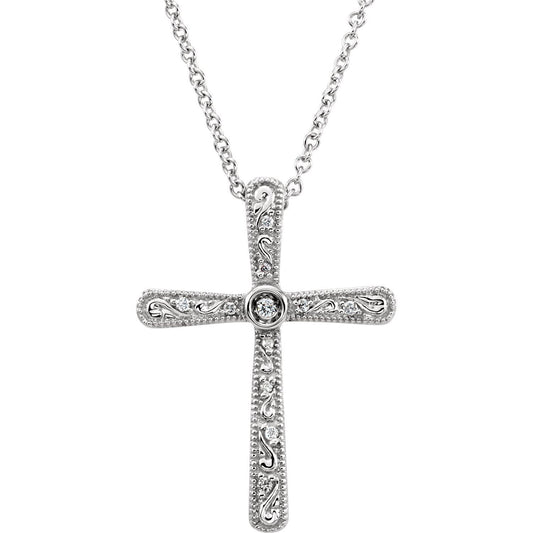 14k White Gold .05 CTW Natural Diamond Cross Pendant Necklace 18"