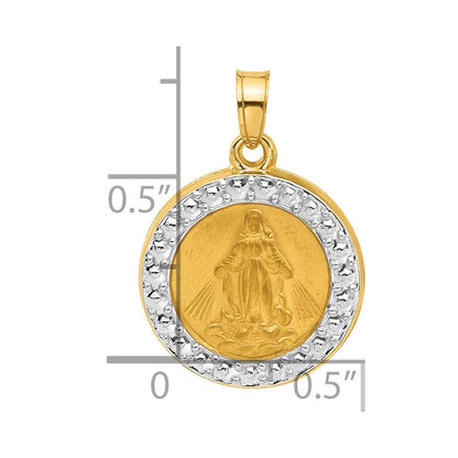 14k Yellow Gold and White Rhodium Hollow Miraculous Mary Plain Back Medal