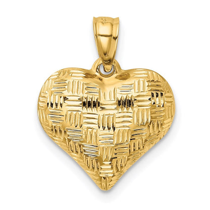 14k Yellow Gold Polished Basket Weave Pattern 3-D Heart Pendant