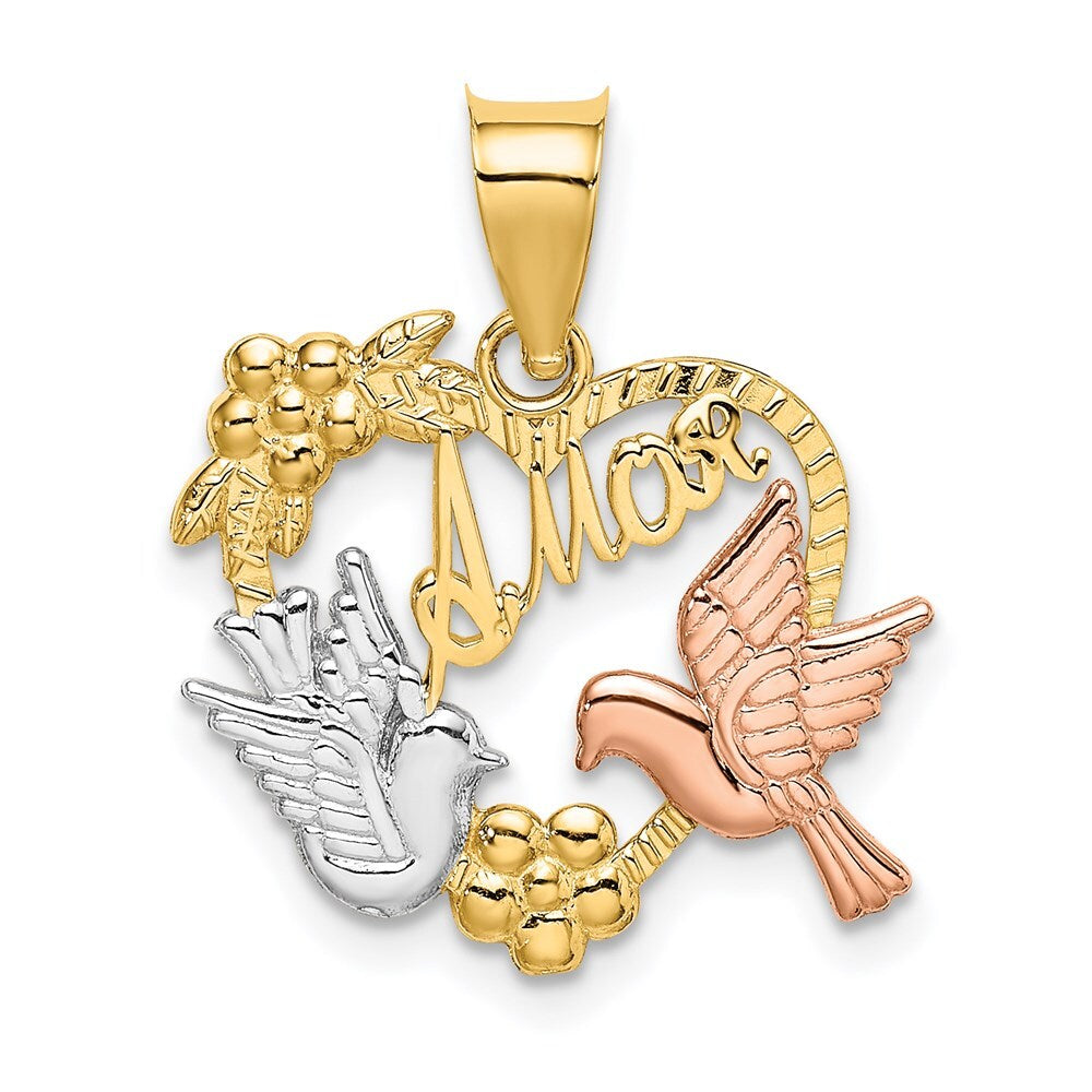 14k Two-tone Gold White Rhodium AMOR Heart Doves Charm Pendant
