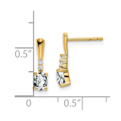14k Yellow Gold Oval White Topaz and Diamond Dangle Earrings Gift for Women