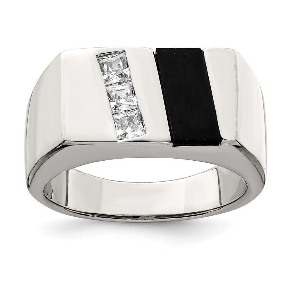 Sterling Silver Rhodium-plated Men's Cubic Zirconia and Onyx Ring Size 11