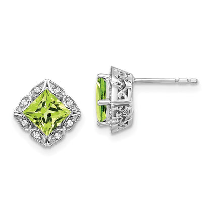 14k White Gold Square Peridot and Diamond Stud Earrings