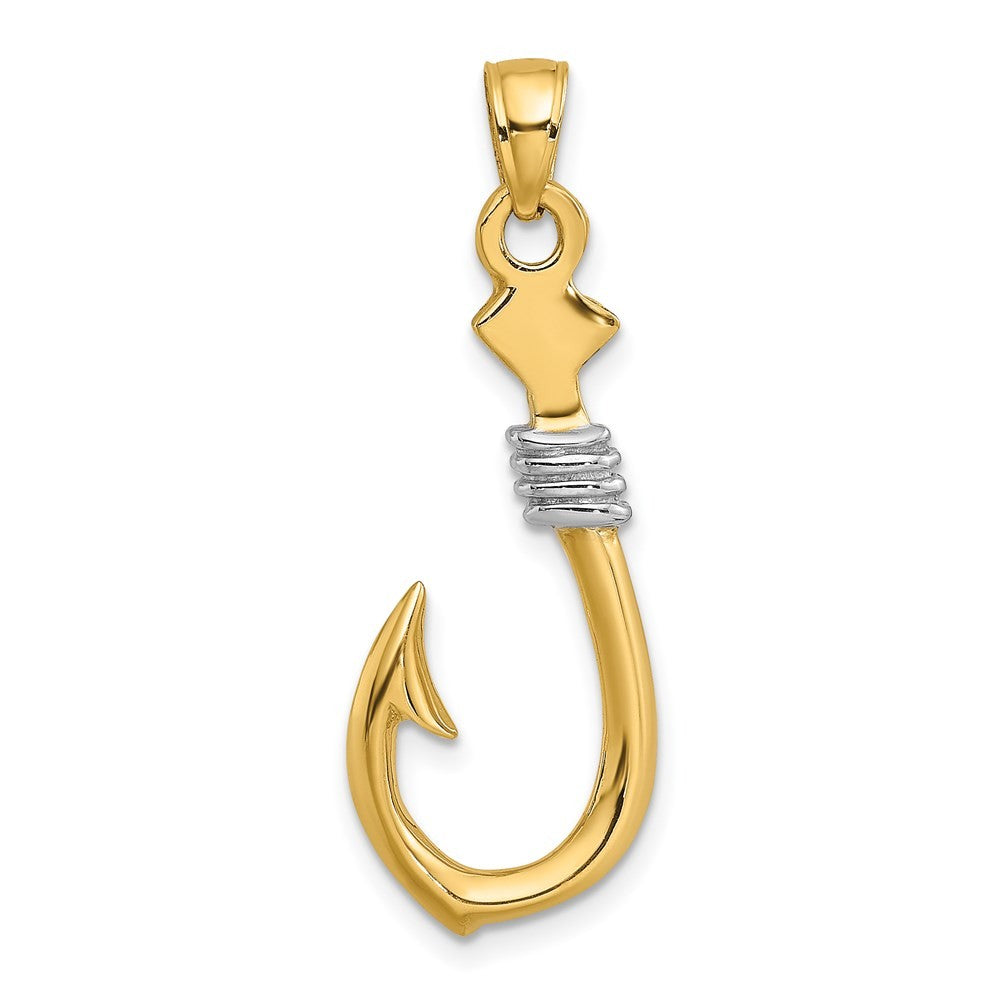 14k Yellow Gold Rhodium 3-D Fish Hook With Rope Charm Pendant