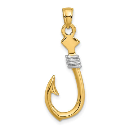 14k Yellow Gold Rhodium 3-D Fish Hook With Rope Charm Pendant
