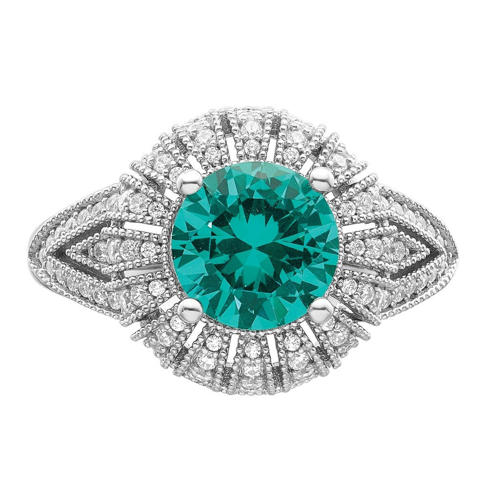 Sterling Silver Rhodium-plated Clear and Teal CZ Vintage Style Ring Size 7