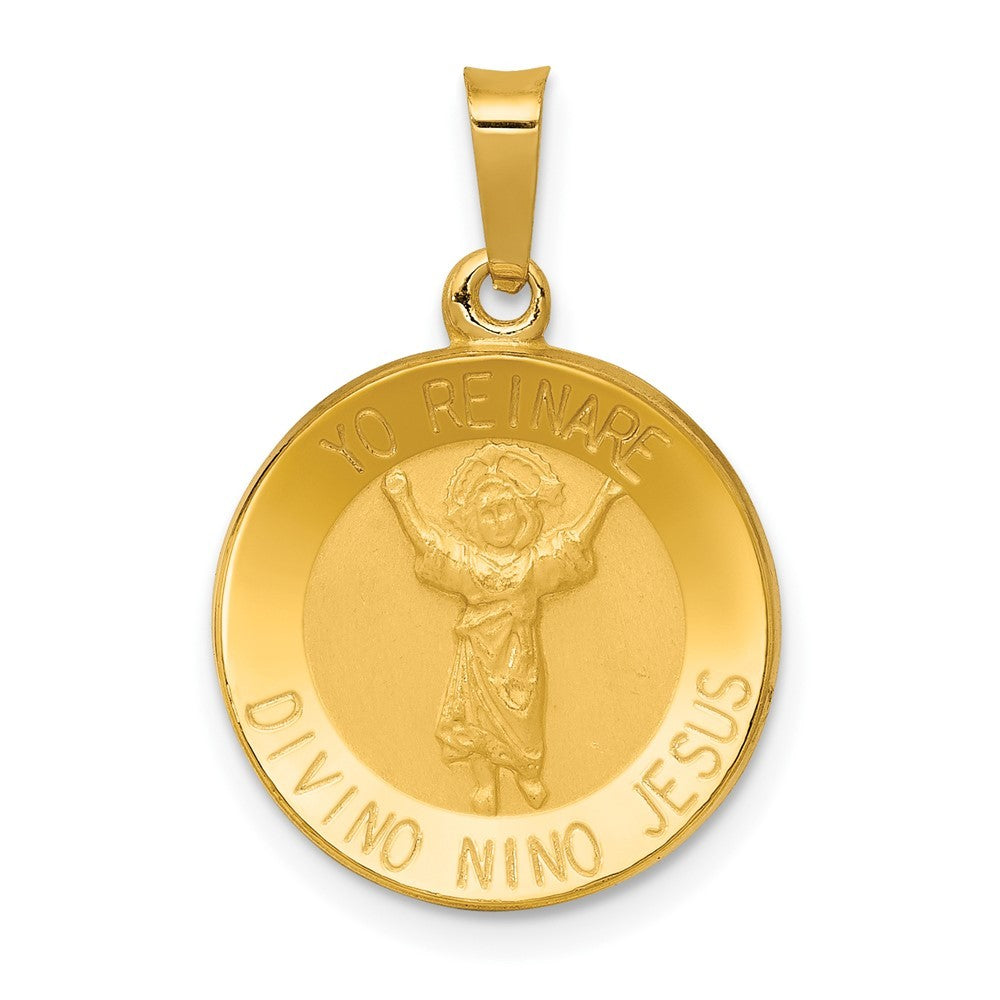 14k Yellow Gold Polished Satin Hollow Divino Nino Round Medal Pendant