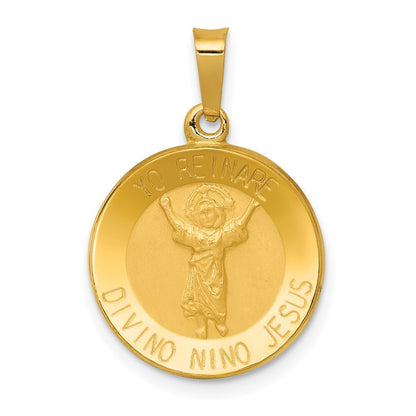 14k Yellow Gold Polished Satin Hollow Divino Nino Round Medal Pendant