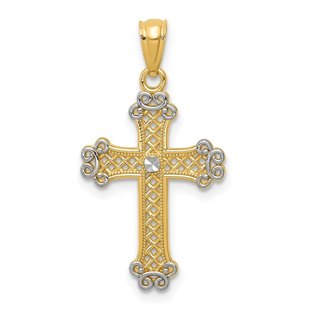 14k Yellow Gold w Rhodium Diamond-cut Filigree Cross Pendant