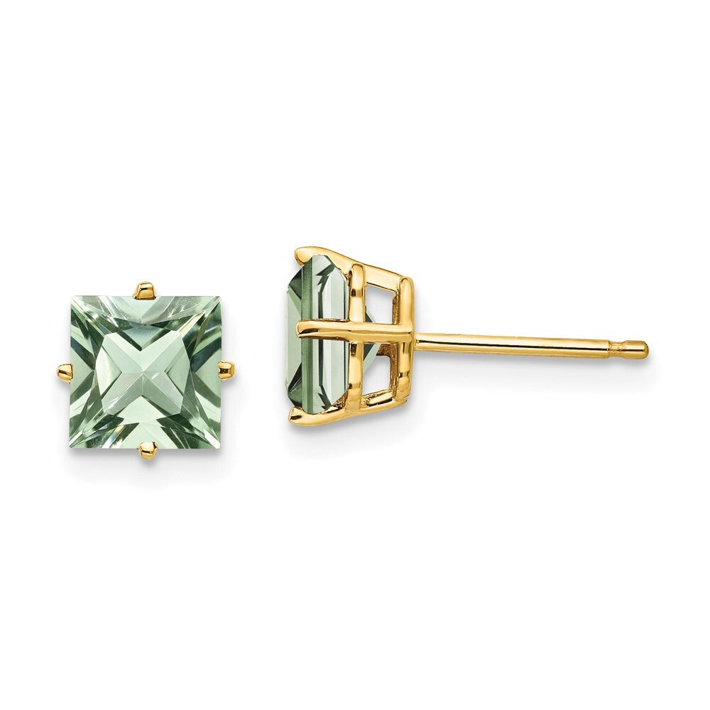14k Yellow Gold 6mm Square Green Quartz Stud Earrings Gift for Women