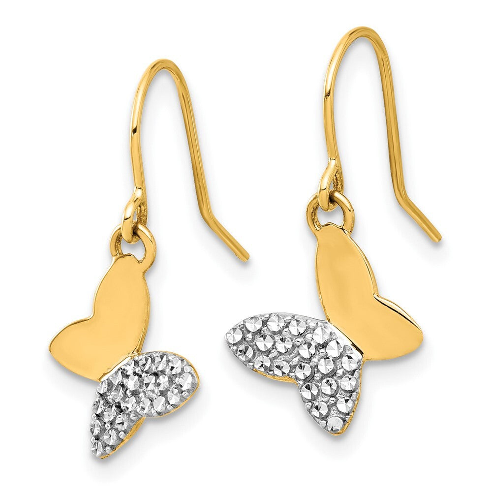 14k Yellow Gold and White Rhodium Diamond-Cut Butterfly Dangle Earrings