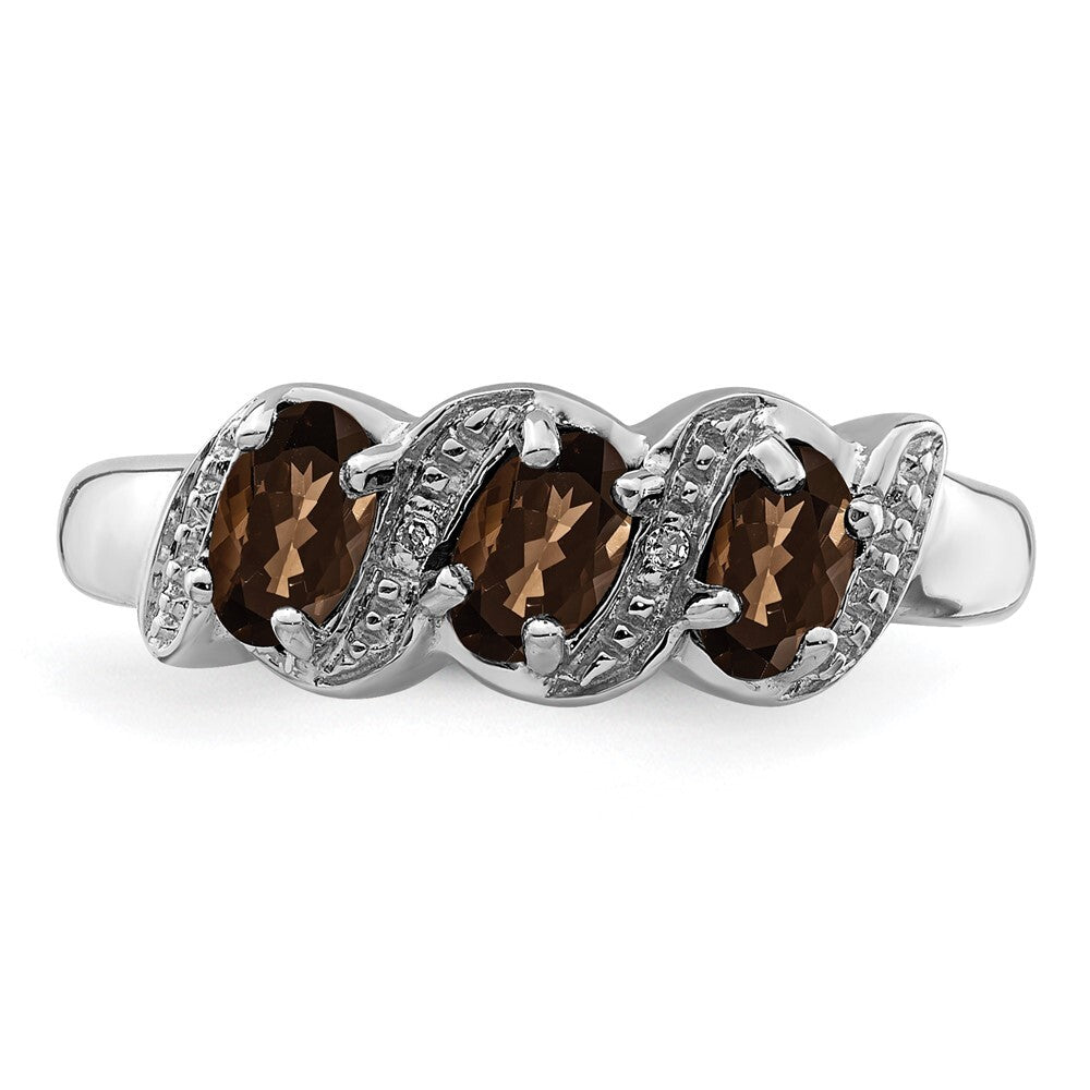 Sterling Silver Rhodium 3 Stone Smoky Quartz & Diamond Ring Size 7