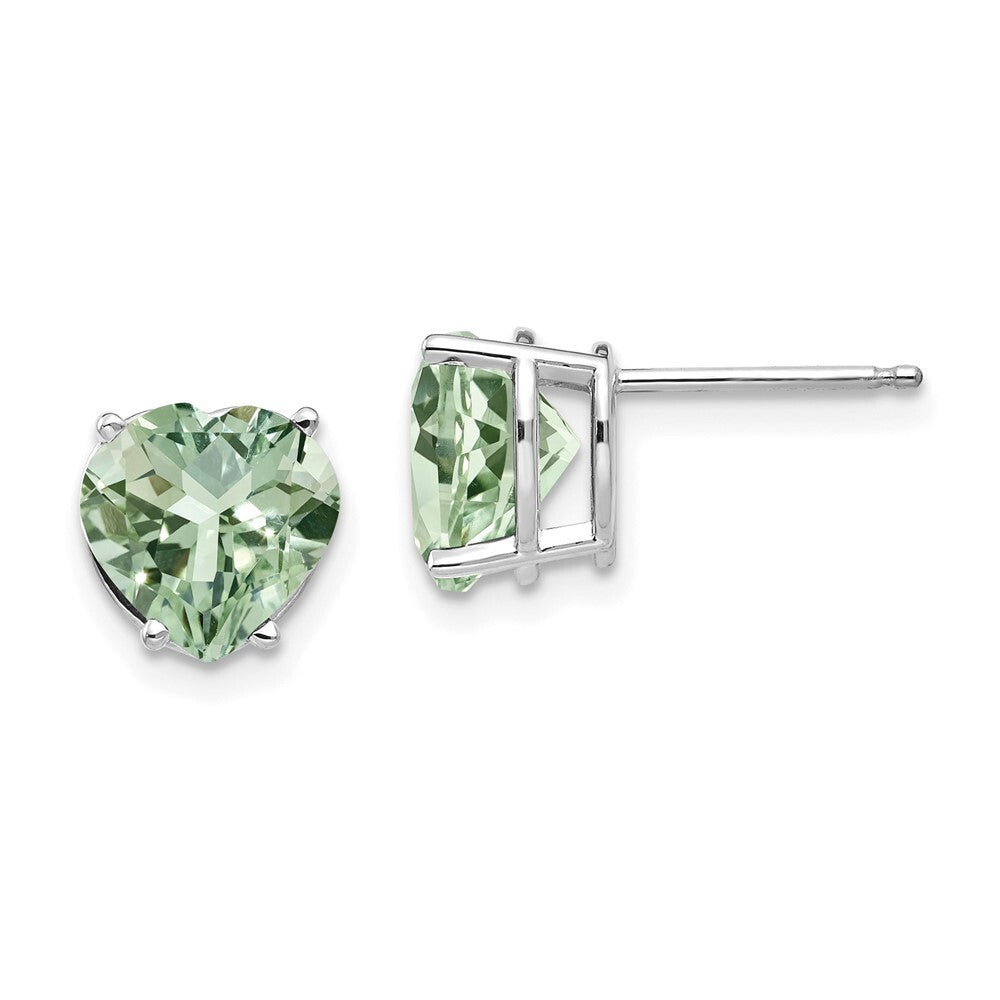 14k White Gold 8mm Heart Green Quartz Earrings Gift for Women