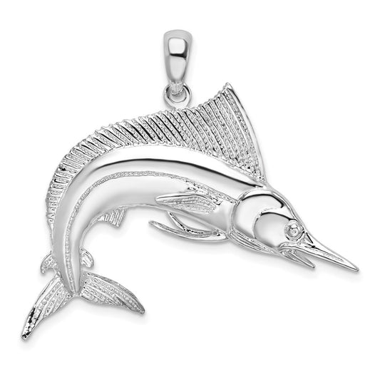 Sterling Silver Rhodium-Plated Polished and Satin Striped Marlin Pendant