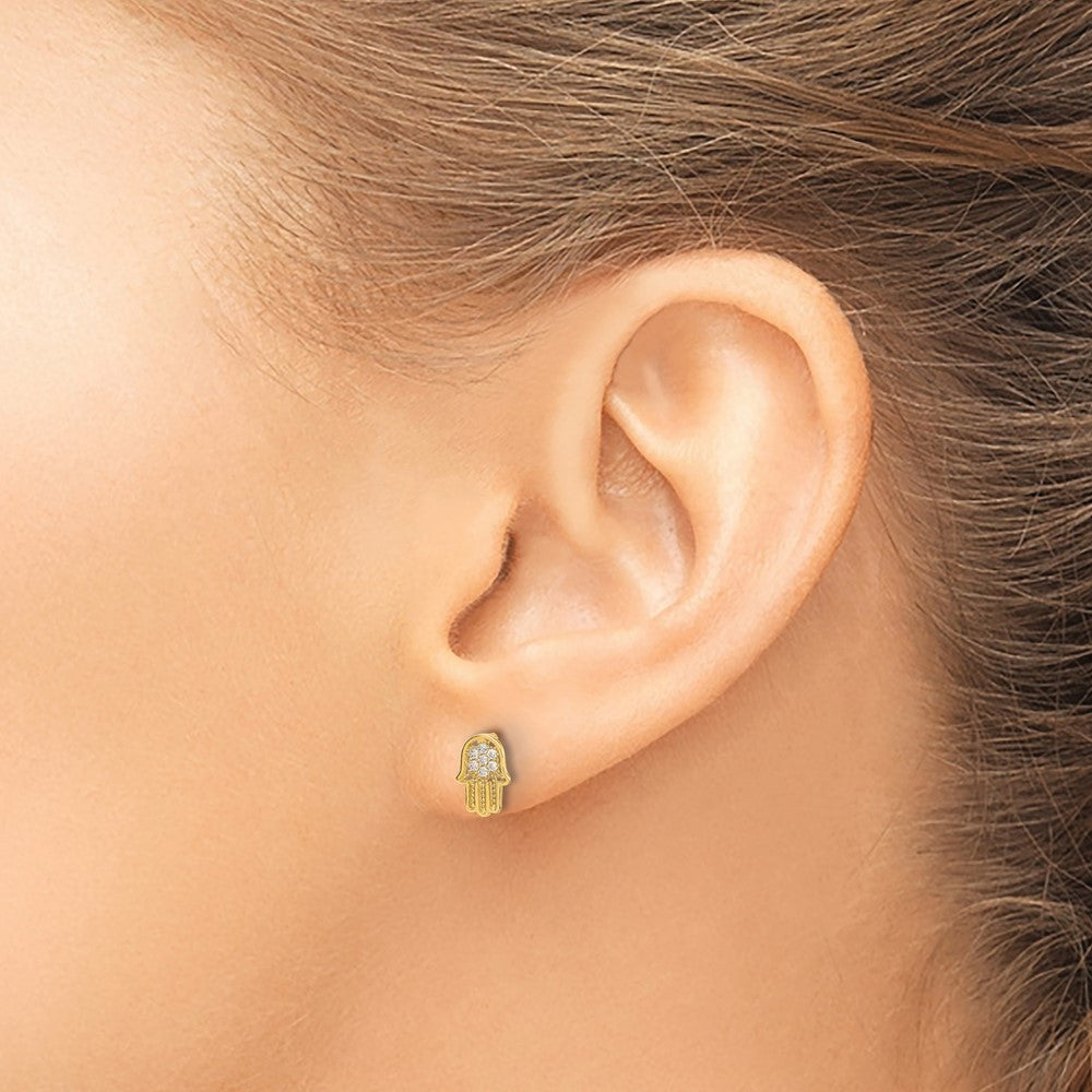 14k Yellow Gold Polished CZ Hamsa Earrings