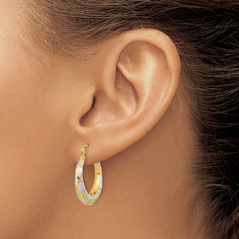 14k Yellow Gold White Rhodium Polished Satin Diamond-cut Hoop Earrings