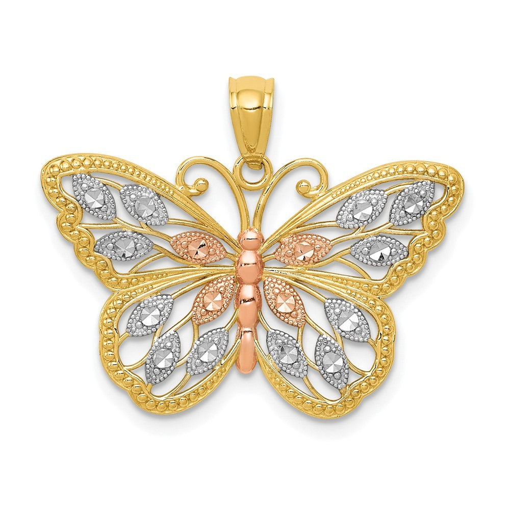 14k Yellow Gold w/White and Rose Rhodium Diamond-cut Butterfly Pendant