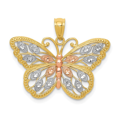 14k Yellow Gold w/White and Rose Rhodium Diamond-cut Butterfly Pendant