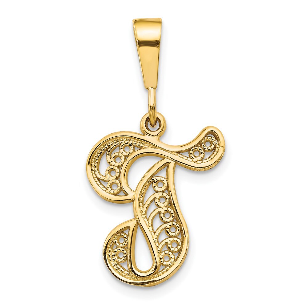 14k Yellow Gold Polished Script Filigree Letter T Initial Pendant for Women