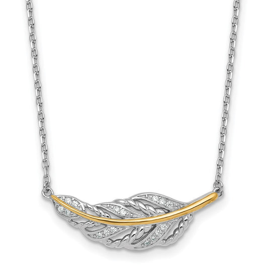 Sterling Silver with 14k Accent Polished CZ Feather Necklace 16+2"