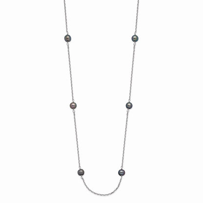 14k White Gold 4-5mm Black Freshwater Cultured Pearl 8-Station 16 inch Necklace