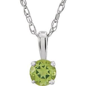 14k White Gold 3 mm Simulated Peridot Youth Solitaire 14" Pendant Necklace