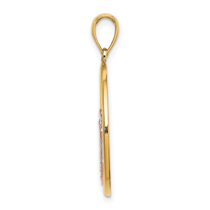 14k Two-tone Gold White Rhodium Scallop Shell In Circle Charm Pendant