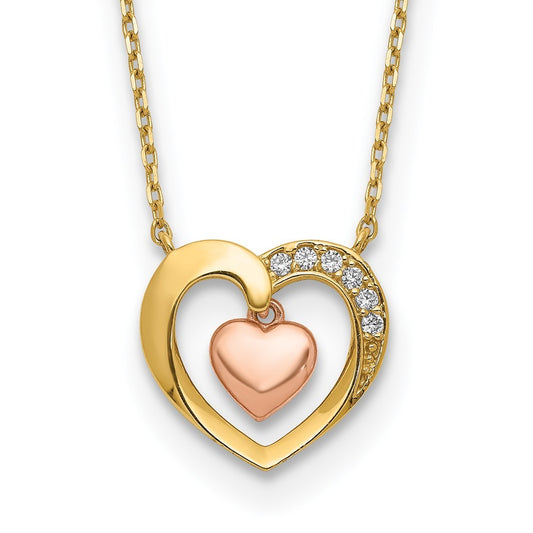 14K Two-tone Gold Hearts CZ 18 inch with 2 inch ext. Necklace