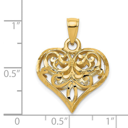 14k Yellow Gold Polished 3-D Filigree Puffed Heart Pendant for Women
