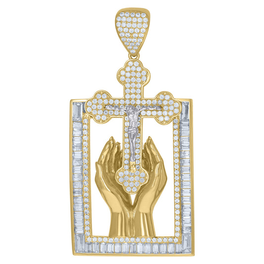 10k Two-Tone Gold Cubic-Zirconia Praying Hands Crucifix Cross Religious Pendant