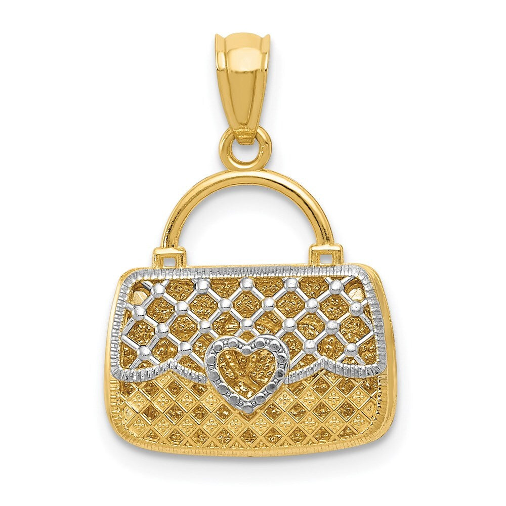 14k Yellow Gold Rhodium 3D Reversible Heart Handbag Pendant for Women