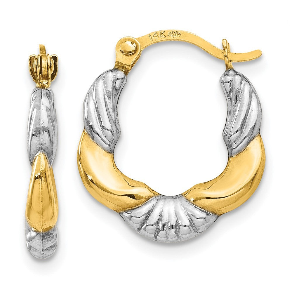 14k Yellow Gold & Rhodium Hollow Scalloped Hoop Earrings