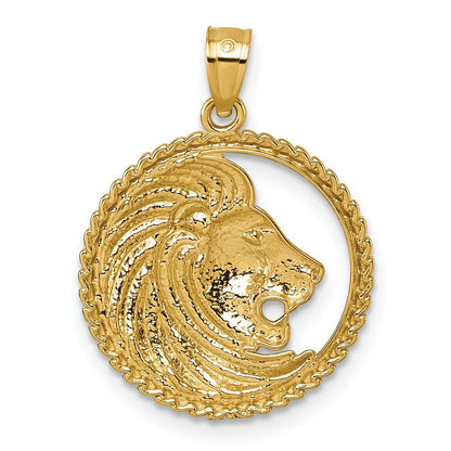 14k Yellow Gold Polished Lion with Mane Circle Pendant