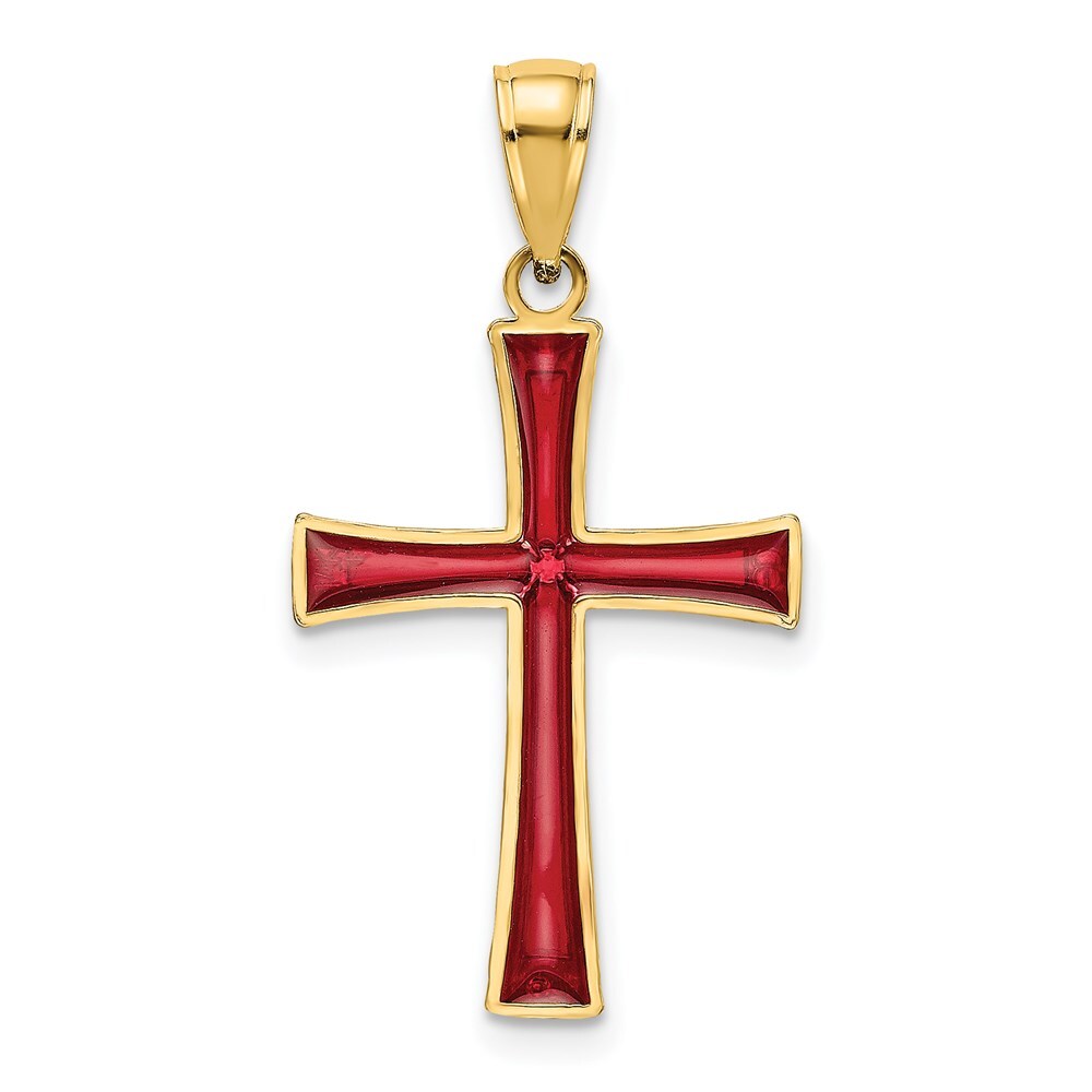 14k Yellow Gold Red Enameled Cross Charm Pendant for Women