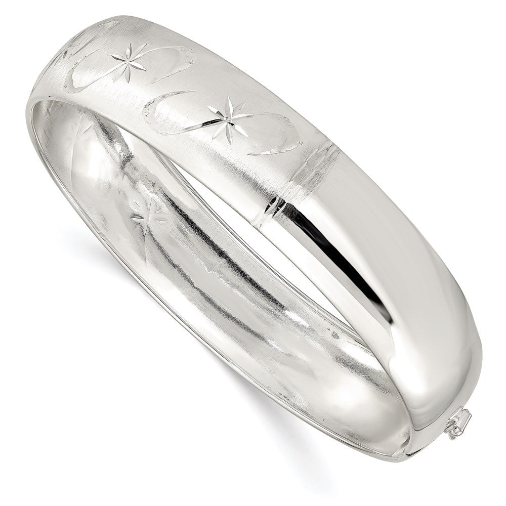 Sterling Silver Polished Diamond-Cut and Textured Adjustable Bangle